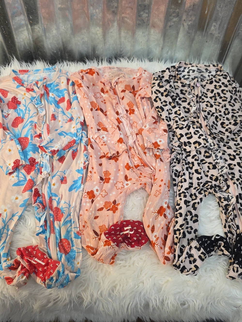 Posh Peanut Pink Blue Red Floral & Leopard Baby Footies Bundle